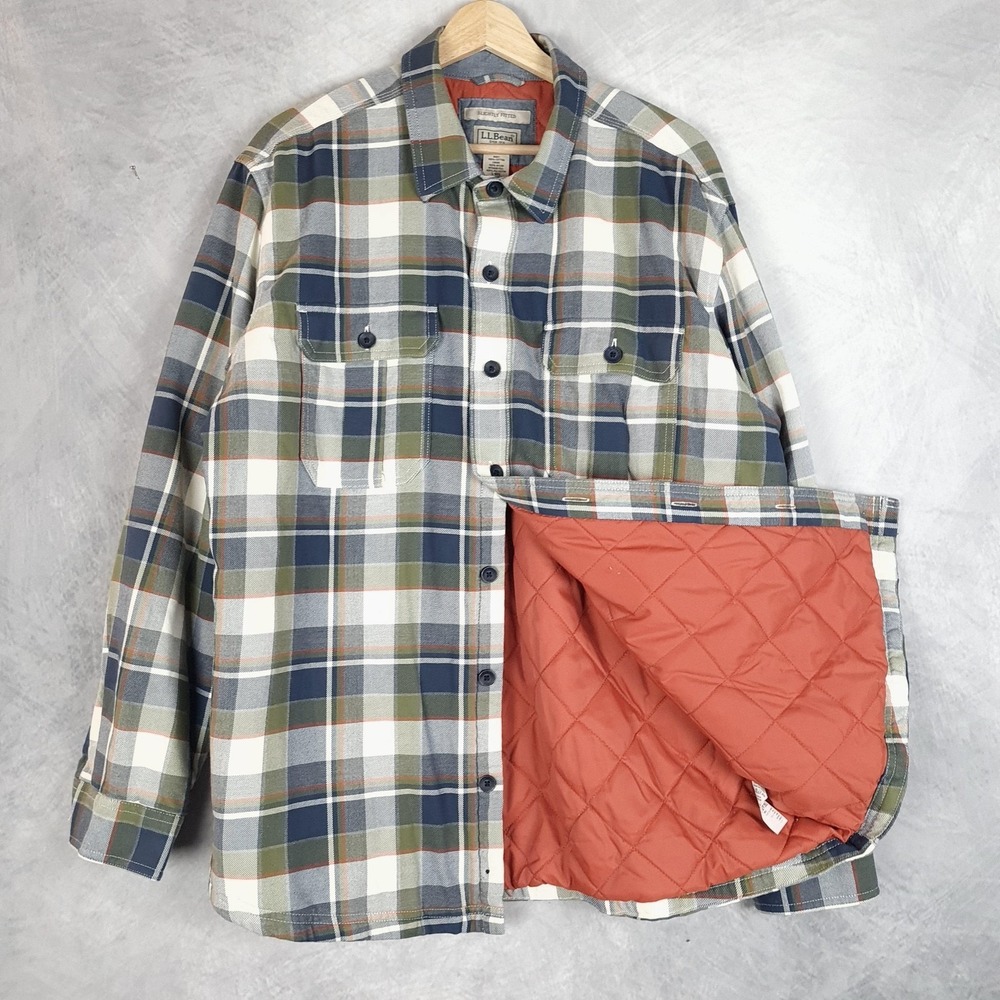 LL Bean Shirt Jacket Mens Large Plaid Flannel PrimaLoft Insulated Quilted Fitted